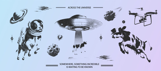 trendy grunge texture cosmo universe set with a flying cow astronaut, cow in vr glasses. dotted stip