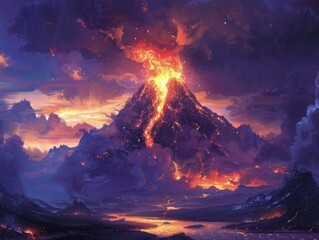 A towering volcano erupting with molten lava, the fiery display lighting up the night sky, with ash clouds billowing high