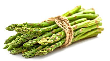 Sticker - Fresh bundle of asparagus spears on white background. Green healthy vegetable tied with rustic twine. Ideal for cooking and nutrition visuals. AI