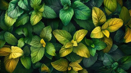 Vibrant green and yellow leaves in a lush foliage background, showcasing the natural beauty of plant life.