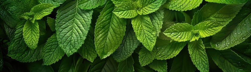 Close-up of fresh green mint leaves, providing an aromatic and natural texture background, perfect for herbal and culinary themes.
