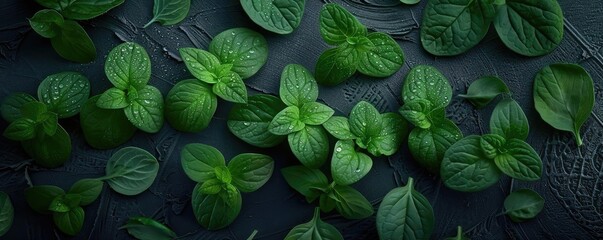Fresh green mint leaves arranged on a dark slate background, showcasing their vibrant color and texture.