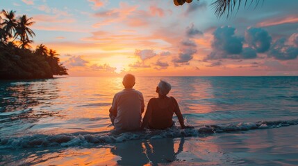 Wall Mural - A retired couple, sweethearts, stand together in peaceful solitude on a tropical shore during the golden hour, their backs to the camera, overlooking calm waters.