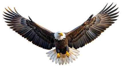 Wall Mural -  A spread-wing bald eagle soars in the sky. Isolated on white background. AI GENERATED