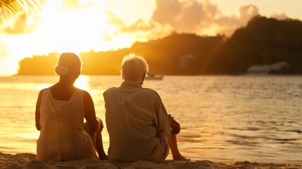 Wall Mural - A retired couple, sweethearts, stand together in peaceful solitude on a tropical shore during the golden hour, their backs to the camera, overlooking calm waters.