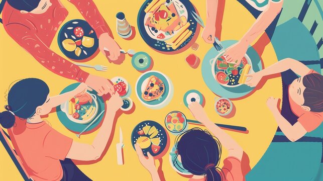 A family eating a dinner made from processed foods, modern lifestyle theme, top view, everyday convenience, futuristic tone, colored pastel