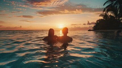 Wall Mural - A man and woman, sweethearts, stand together in peaceful solitude ,Woman and man sweetheart in relaxation, back to camera, tropical shore, calm waters, golden hour, peaceful solitude.  silhouette