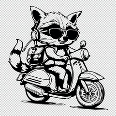 Wall Mural - Cute simple racoon driving on motorbike, black vector illustration on transparent background