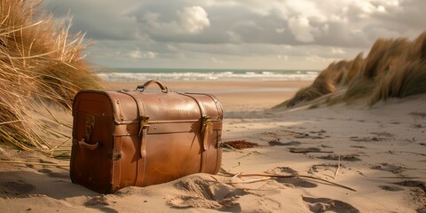 brown suitcase sitting on top of a sandy beach next to ocean in the background