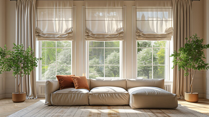 Poster - Living room with a white sofa and two potted plants, Windows with stylish curtains