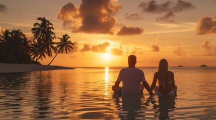 A man and woman, sweethearts, stand together in peaceful solitude ,Woman and man sweetheart in relaxation, back to camera, tropical shore, calm waters, golden hour, peaceful solitude.  silhouette