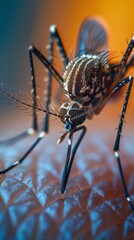 Wall Mural - Macro shot of a mosquito on a human skin, the fine details of its body and wings in sharp focus, with a blurred background