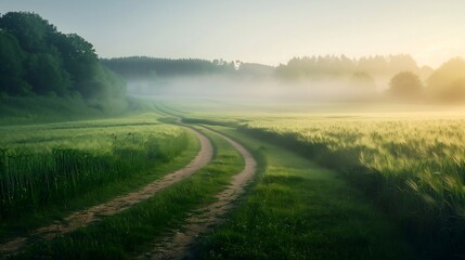 Poster - A charming path that winds through a sprawling field of green grass, captured in the delicate light of morning