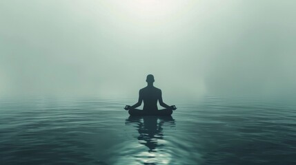 A peaceful meditation scene with a person floating above water, spiritual theme, front view, tranquil energy, technology tone, monochromatic color scheme