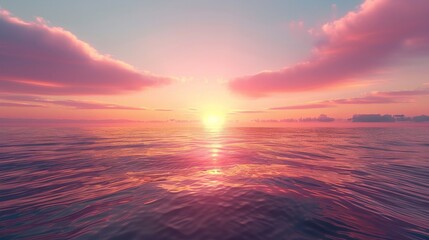  A wide shot of a tranquil horizon at sunset, casting a vibrant glow over a calm sea, evokes a serene mood. Sunset glow over calm sea, vibrant hues, wide shot, tranquil horizon
