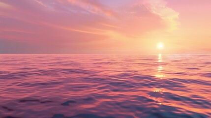 A wide shot of a tranquil horizon at sunset, casting a vibrant glow over a calm sea, evokes a serene mood. Sunset glow over calm sea, vibrant hues, wide shot, tranquil horizon