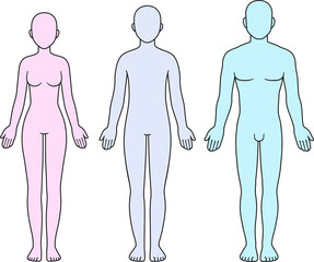 adult male, female and unisex body diagram, front view. blank adult human body template for medical 