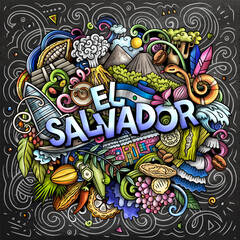 Wall Mural - Vector funny doodle illustration with El Salvador theme. Vibrant and eye-catching design, capturing the essence of Central America culture and traditions through playful cartoon symbols