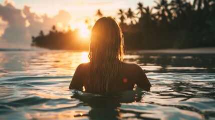 Wall Mural - A woman, back to the camera, finds peaceful solitude on a tropical shore during golden hour, relaxing  .relaxation, Summer tropical shore, calm waters, golden hour, peaceful solitude. 