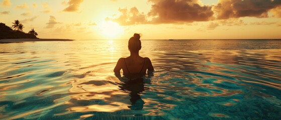 Wall Mural - A woman, back to the camera, finds peaceful solitude on a tropical shore during golden hour, relaxing  .relaxation, Summer tropical shore, calm waters, golden hour, peaceful solitude. 