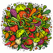 © balabolka - Vegetables cartoon vector doodles illustration. Nature food elements and objects background. Bright colors funny veggies picture