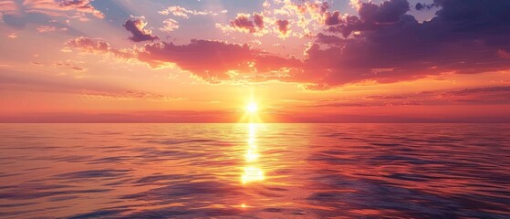 A wide shot of a tranquil horizon at sunset, casting a vibrant glow over a calm sea, evokes a serene mood. Sunset glow over calm sea, vibrant hues, wide shot, tranquil horizon