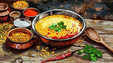Illustrated Bowl of Dal with Lentils and Aromatic Spices