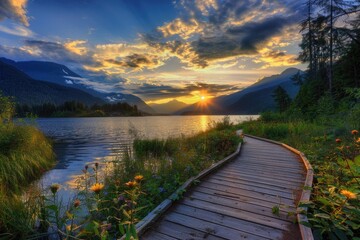 The Path. British Columbia Tranquility: Wooden Walkway at One Mile Lake, Pemberton, Canada