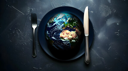 Poster - created with generative ai technology. the planet earth plate with a fork and knife. world hunger co
