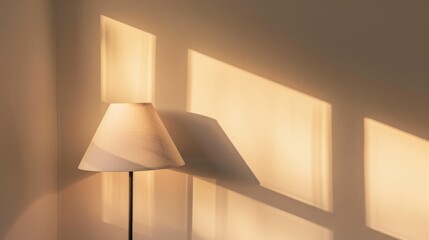 Aufkleber - Cozy warm sunlight casts rectangular patterns on a beige interior wall, illuminating a simple lamp in a peaceful setting.
