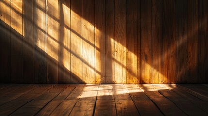 Poster - Warm sunlight streams through a wooden interior wall, casting beautiful shadows and creating a cozy, rustic ambiance.
