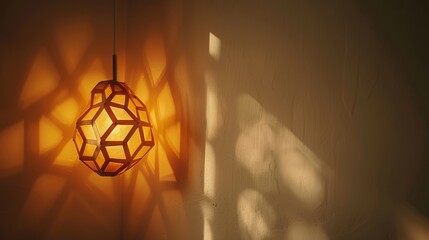 Poster - A warm pendant lamp casts intricate geometric shadows on a textured wall, creating a cozy and artistic atmosphere.
