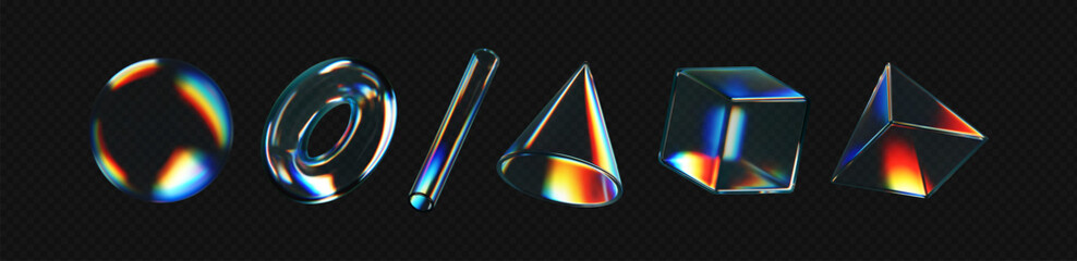 Wall Mural - 3d crystal glass shapes with refraction and holographic effect isolated on dark background. render t