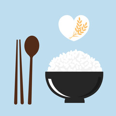 Sticker - Rice bowl, spoon, chopsticks and rice plant signs on blue background vector.