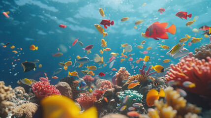 Wall Mural - A vibrant underwater scene featuring a diverse array of tropical fish swimming near a colorful coral reef bathed in sunlight