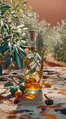 Sticker - an olive oil bottle next to some olives on a tree