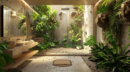 A bathroom filled with lush green plants, natural materials, and a large walk-in shower. The design is fresh and vibrant. --ar 16:9 --style raw Job ID: 0d877506-0e8c-403b-9794-a29933c34dea