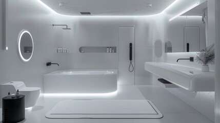 A futuristic bathroom with sleek, modern fixtures, integrated technology, and a monochrome color scheme. The design is cutting-edge and innovative. --ar 16:9 --style raw