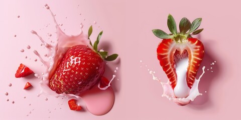 Wall Mural - A close-up view of a fresh strawberry cut in half is isolated on a pastel pink background.