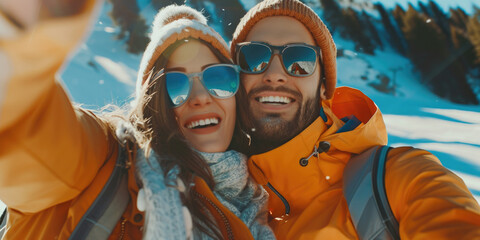 Sticker - A couple is smiling and posing for a picture in the snow. They are wearing orange jackets and hats