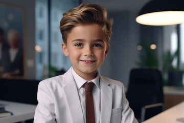 Poster - A young boy wearing a suit and tie is smiling for the camera. Concept of formality and professionalism, as the boy is dressed in a suit and tie