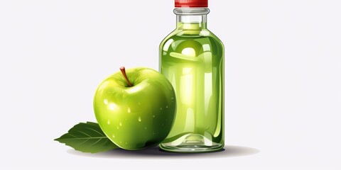 Wall Mural - A green apple sits next to a bottle of green liquid. The bottle is clear and has a red cap. The apple is fresh and looks healthy