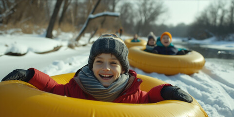 Sticker - A young boy is riding a yellow inflatable tube down a snowy river with his friends. The scene is cheerful and playful, with the children enjoying their time together in the winter weather