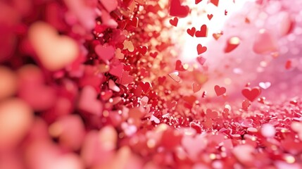 Wall Mural - A bunch of red hearts are falling from the sky. The image has a romantic and dreamy mood