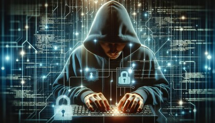 Canvas Print - Hacker in a Dark Room with Digital Interface, Cybersecurity Concept, Hooded Figure Typing on Keyboard, Data Protection, Cybercrime, Technology Background, Network Security, Hacking, Computer Code