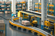 © akromin - A realistic depiction of machinery used for moving materials in a large industrial warehouse. Advanced logistics and automation concept