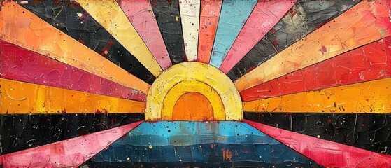 Wall Mural - colorful abstract sun with rays extending outward against a cracked and speckled backdrop for a vintage feel