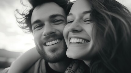 Wall Mural - A man and woman are smiling at the camera. The man is wearing a black shirt and the woman is wearing a scarf