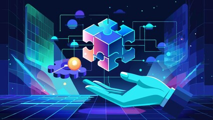 Wall Mural - Futuristic Digital Illustration of a Hand Holding a Puzzle Piece in a High-Tech Environment with Abstract Geometric Shapes and Data Connections