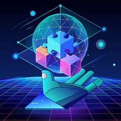 Wall Mural - Futuristic Digital Illustration of a Robotic Hand Holding 3D Geometric Shapes with a Global Network Background